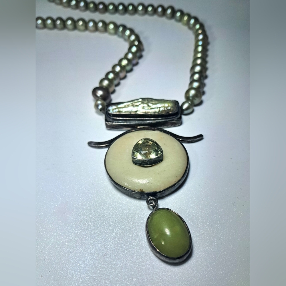 Vintage Tahitian Pearl Necklace With Sterling Silver Carved Bone Pendant - Picture 4 of 10